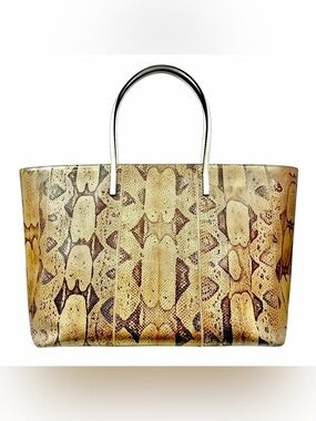 Auth FENDI Python-snake large LeatherTote bag Brown Cream Tan RARE EUC
